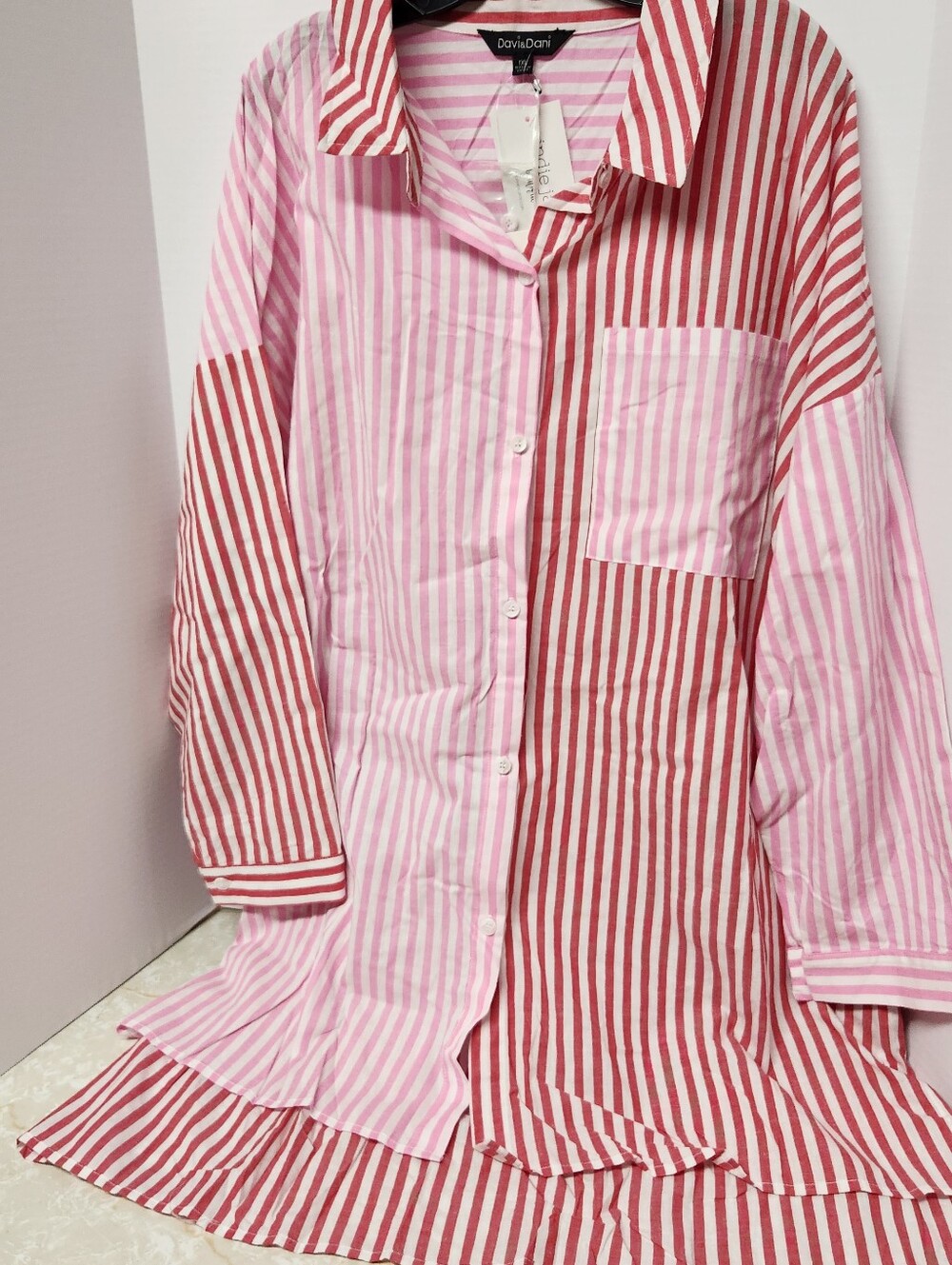 Davi & Dani Red Pink Striped Red Pink Colorbock Button Up Shirt Womens Sz 1XL - Picture 1 of 8